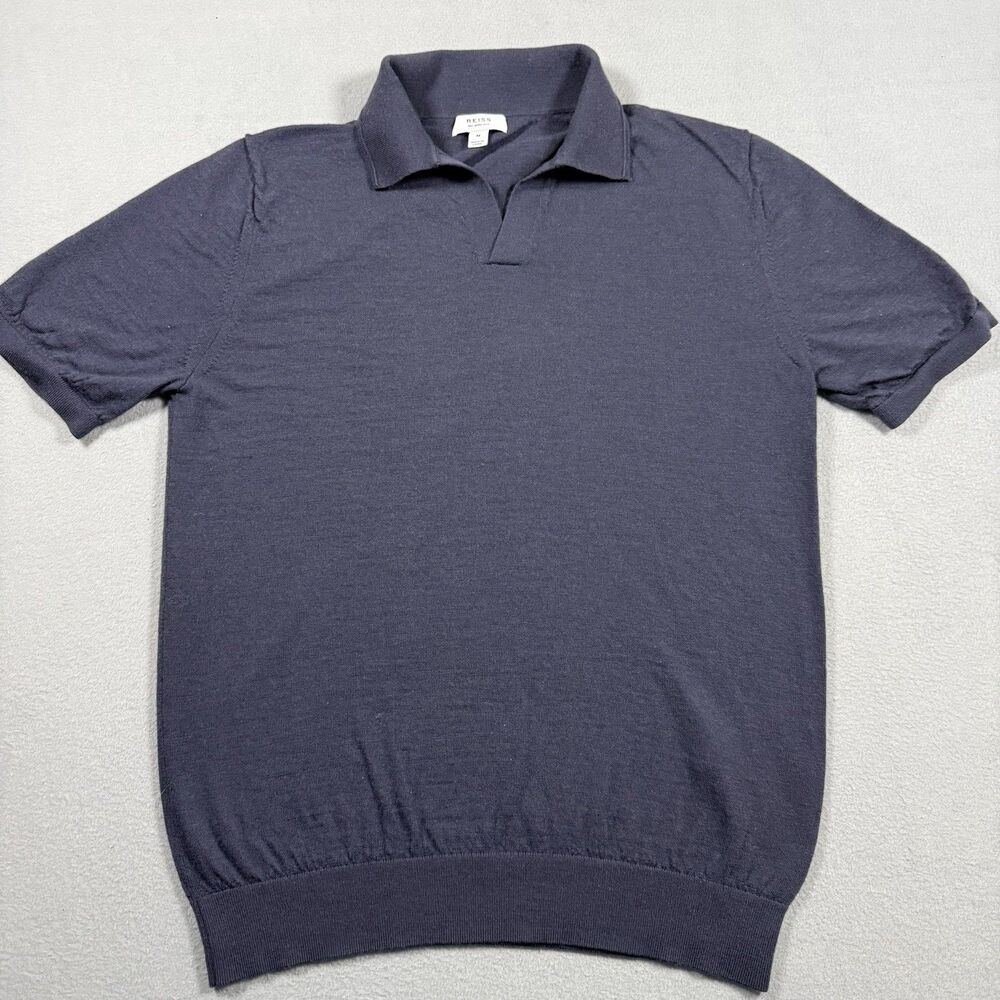 Reiss Duchie Merino Wool Polo Shirt Mens M Navy Open Collar Short Sleeve